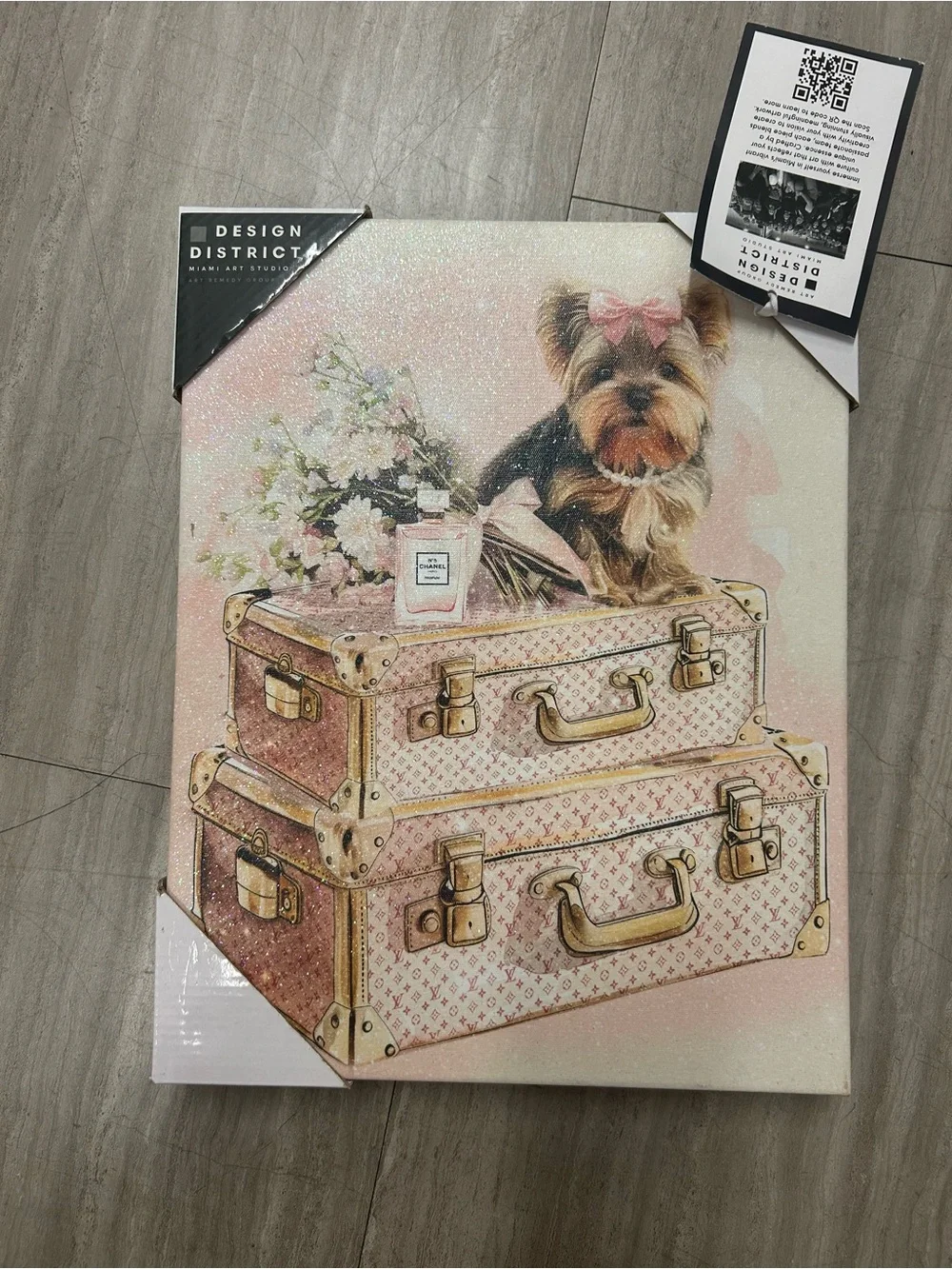 NWT District Pink Puppy on Vintage Luggage Wall Art